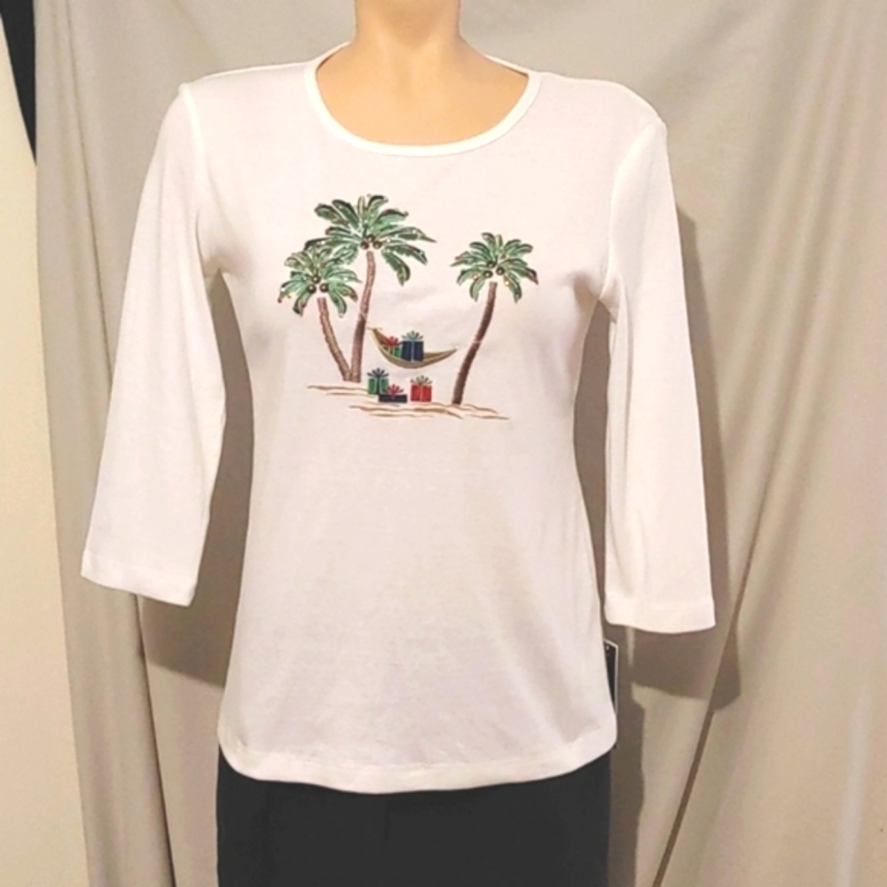 Karen Scott White embellished Christmas tee, NEW